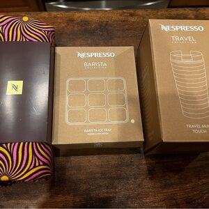 NWT. Nespresso Reversible Tote Bag, silver travel mug & Barista ice cube tray